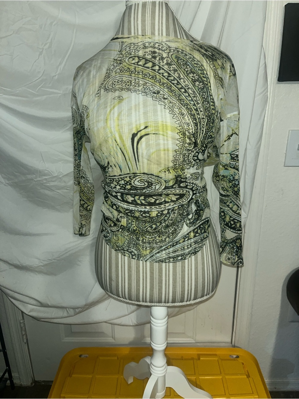 Paisley Long Sleeve Sheer Top in Pale Yellow and Black